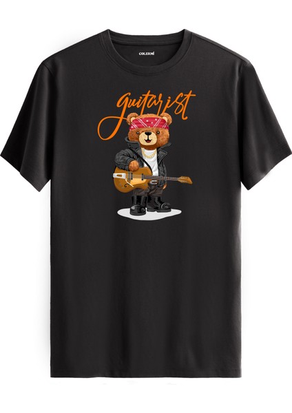 Gitarist Ayıcık Baskılı Tişört - %100 Pamuk Premium Kumaş Rock Bear Tasarım T-Shirt