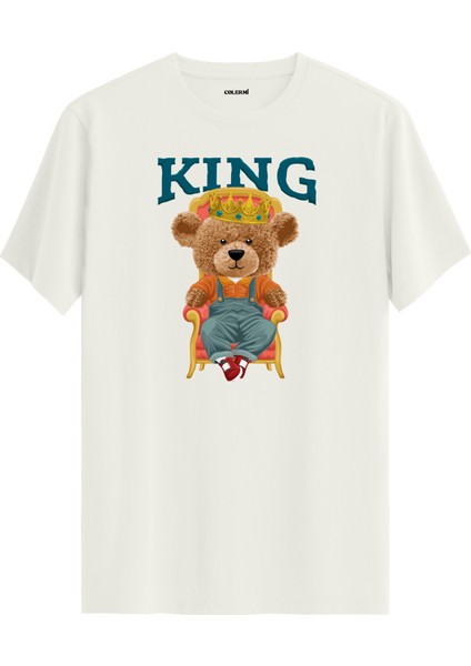King Tahtta Oturan Taçlı Ayıcık Baskılı Tişört - %100 Pamuk Tasarım T-Shirt