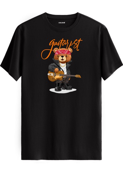 Gitarist Ayıcık Baskılı Tişört - %100 Pamuk Premium Kumaş Rock Bear Tasarım T-Shirt