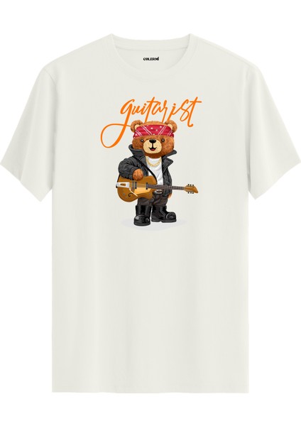 Gitarist Ayıcık Baskılı Tişört - %100 Pamuk Premium Kumaş Rock Bear Tasarım T-Shirt