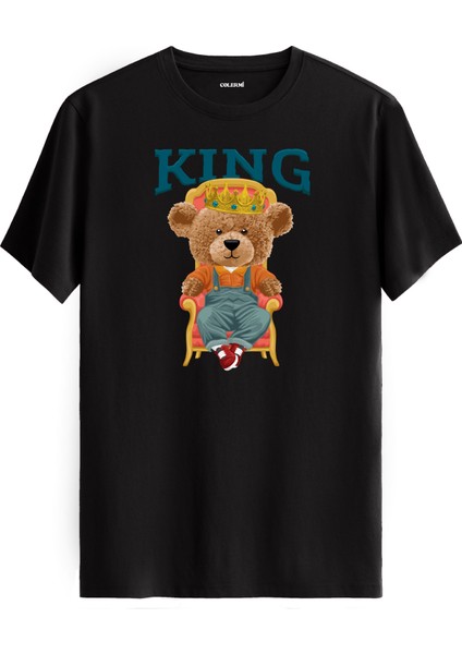 King Tahtta Oturan Taçlı Ayıcık Baskılı Tişört - %100 Pamuk Tasarım T-Shirt