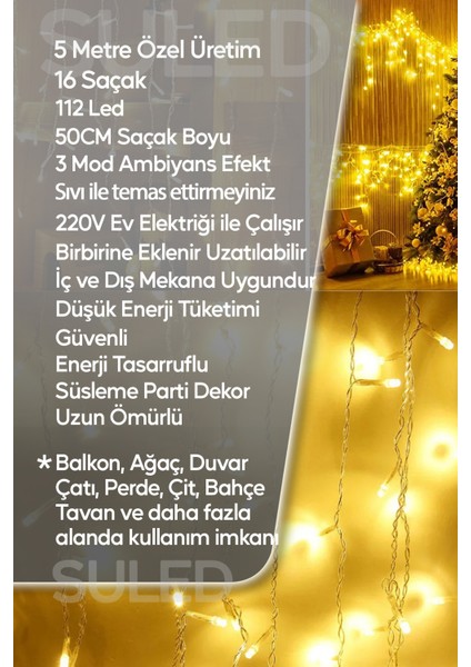 Sarkıt LED Işık 5 Metre Premium Efekt Modlu 112 LED 16 Saçak Iç & Dış Süsleme 220V Fişli modelleri