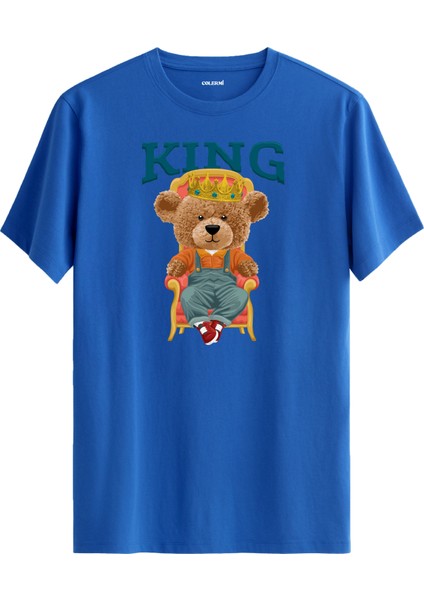 King Tahtta Oturan Taçlı Ayıcık Baskılı Tişört - %100 Pamuk Tasarım T-Shirt