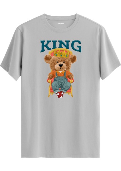 King Tahtta Oturan Taçlı Ayıcık Baskılı Tişört - %100 Pamuk Tasarım T-Shirt