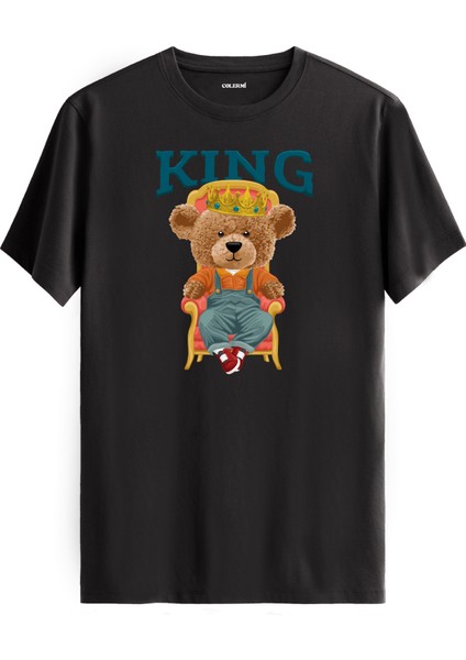 King Tahtta Oturan Taçlı Ayıcık Baskılı Tişört - %100 Pamuk Tasarım T-Shirt