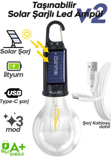Solar Şarjlı Taşınabilir LED Ampül V2 Outdoor Kamp Bahçe Lambası 10W Askılı Kırılmaz LED Işık