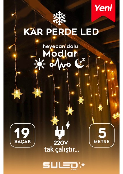 Kar Tanesi 5 Metre Modlu Perde LED Işık 19 Saçak Gün Işığı 220V Fişli Dekoratif Iç & Dış Mekan