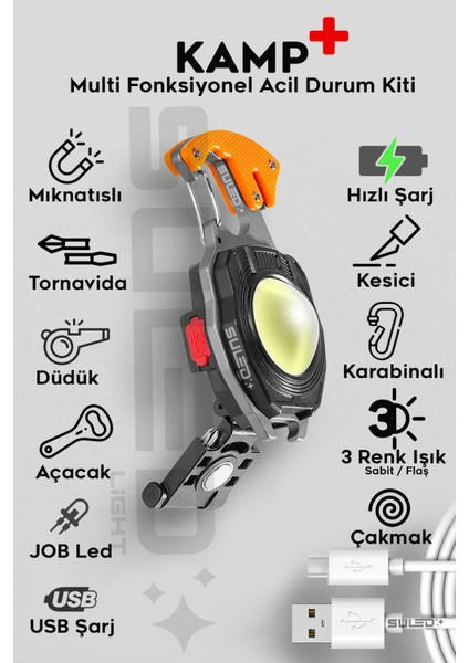 Kamp Plus Multi Fonksiyonel Fener Çok Amaçlı Şarjlı LED Işık - Acil Durum Kit