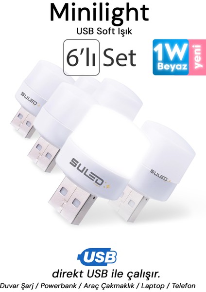 Minilight 6 Adet USB Soft Işık 1W Beyaz Renk Taşınabilir 6'lı LED Işık
