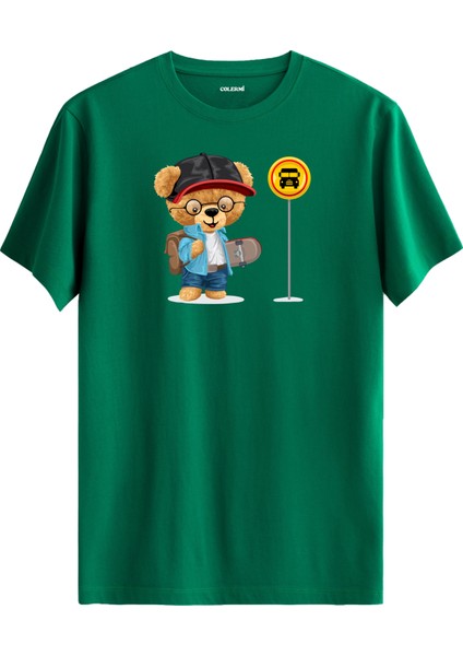 Otobüs Durağında Ayıcık Baskılı Uniseks Tişört - %100 Pamuk Premium Kumaş Regular Tasarım T-Shirt