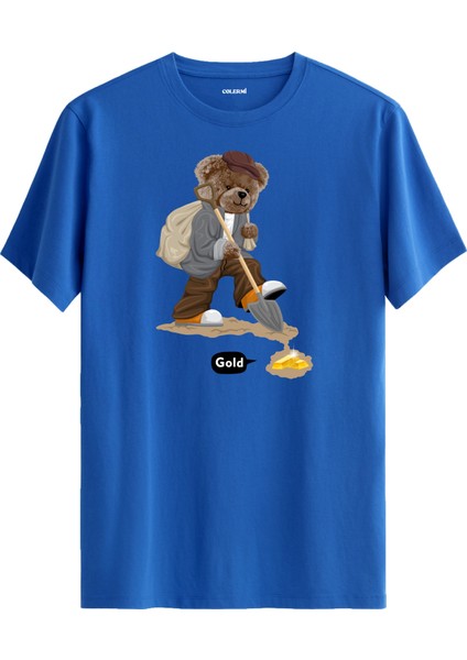 Gold Madenci Ayıcık Baskılı Tişört - %100 Pamuk Tasarım T-Shirt