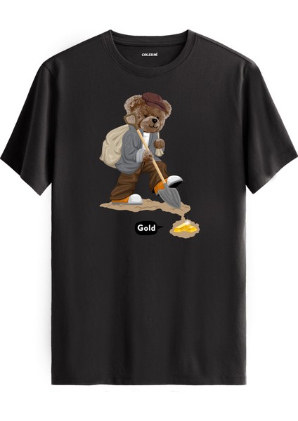 Gold Madenci Ayıcık Baskılı Tişört - %100 Pamuk Tasarım T-Shirt