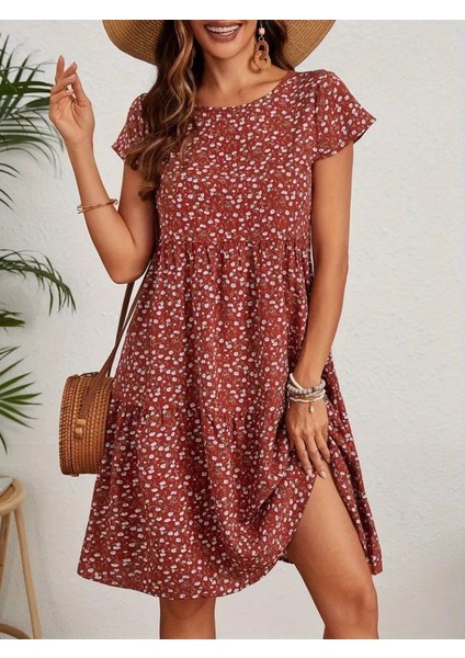 Kadın Kısa Kollu Bisiklet Yaka Çiçek Desenli Süprem Elbise S-M-Bordo