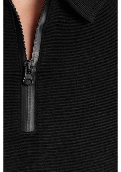 Erkek Standart Fit Pamuklu Fermuarlı Polo Yaka Beli Bağcıklı Siyah Eşofman Takımı modelleri