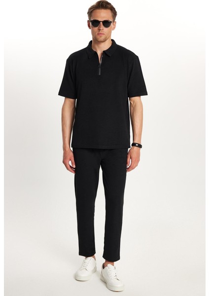 Erkek Standart Fit Pamuklu Fermuarlı Polo Yaka Beli Bağcıklı Siyah Eşofman Takımı indirimleri