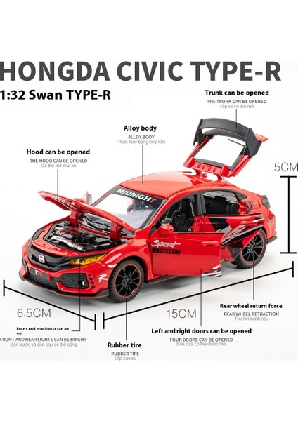 1/32 Honda Civic Type-R Süper Modifiye Spor Araba Alaşım Metal Pres Döküm Model Araba Kapalı Yüksek Simülasyon Süs Ses ve Işık Hediye (Yurt Dışından) fırsatları