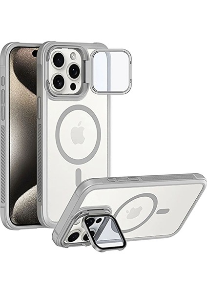 iPhone 15 Pro Max Uyumlu Kameradan Standlı Kamera Kısmı Cam Korumalı Arkası Mat Renkli Kılıf