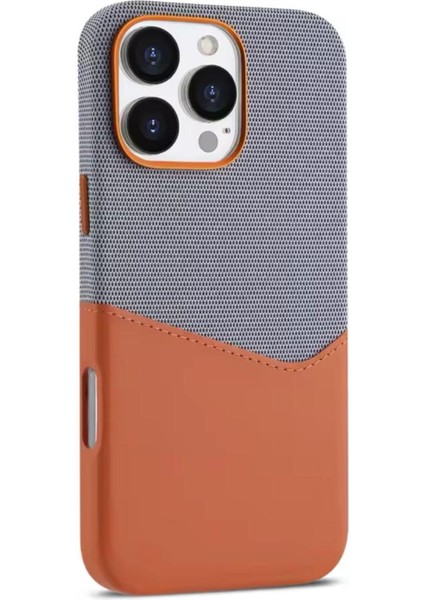 iPhone 15 Pro Uyumlu Kumaş ve Deri Karışımı Kartlıklı Metal Kamera Detaylı Sahra Kılıf