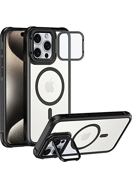 iPhone 15 Pro Max Uyumlu Kameradan Standlı Kamera Kısmı Cam Korumalı Arkası Mat Renkli Kılıf