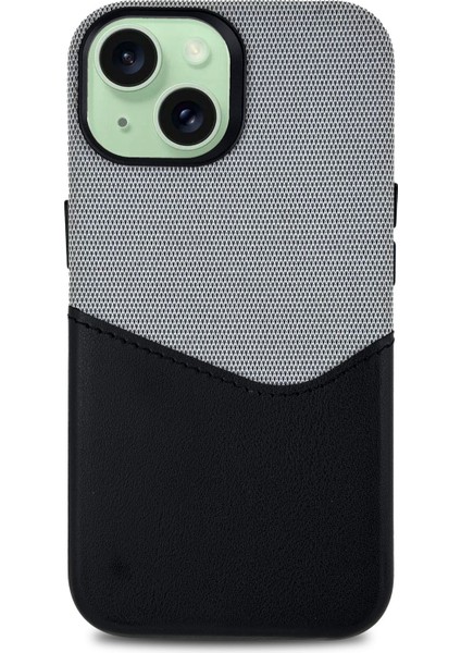 iPhone 15 Uyumlu Kumaş ve Deri Kaplamalı Kartlıklı Metal Kamera Detaylı Sahra Kılıf