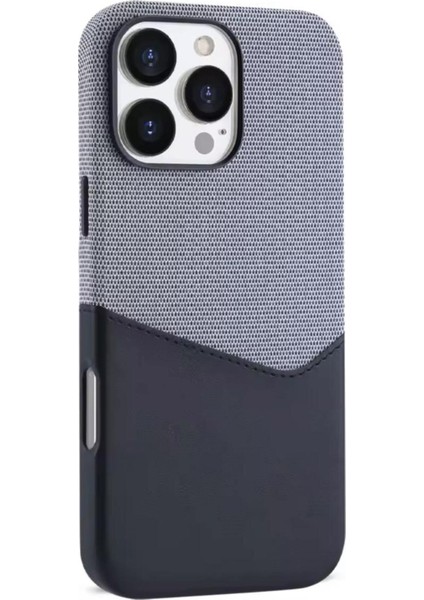 iPhone 16 Pro Max Uyumlu Kumaş ve Deri Karışımı Kartlıklı Metal Kamera Detaylı Sahra Kılıf