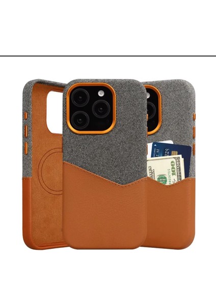 iPhone 16 Pro Max Uyumlu Kumaş ve Deri Karışımı Kartlıklı Metal Kamera Detaylı Sahra Kılıf fırsatları