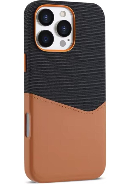 iPhone 15 Pro Uyumlu Kumaş ve Deri Karışımı Kartlıklı Metal Kamera Detaylı Sahra Kılıf