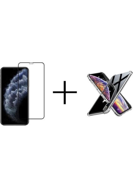 Iphone 11 Pro Max Tam Kaplayan 9d Cam ve Şeffaf Tıpalı Kılıf 2'li Set
