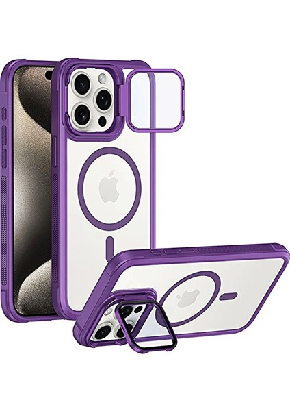 iPhone 15 Pro Max Uyumlu Kameradan Standlı Kamera Kısmı Cam Korumalı Arkası Mat Renkli Kılıf