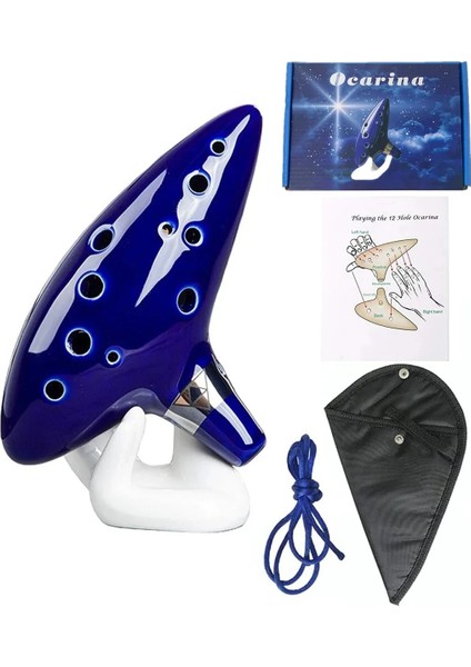 Ocarina 12 Ton Alto C Seramik Ocarina Müzik Aleti Şarkı Kitabı Boyun Dize Boyun Kordon Taşıma Çantası Mavi (Yurt Dışından)