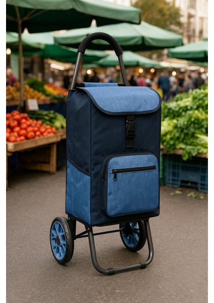 Katlanabilir Alışveriş Pazar Arabası – Sessiz Teker, Su Geçirmez Kumaş, Fermuarlı Çanta