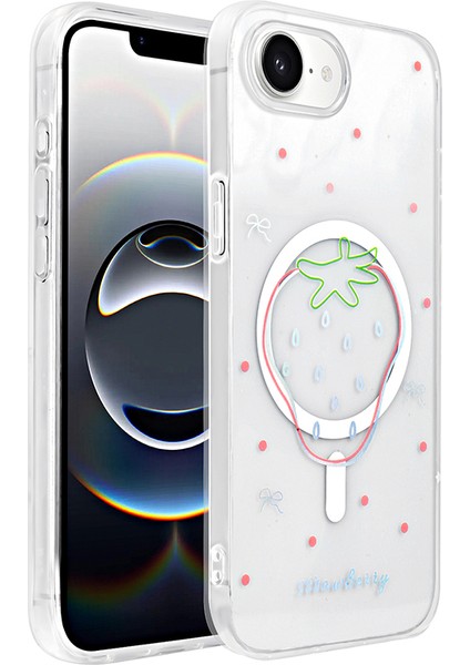 iPhone Uyumlu 16E Kılıf M-Safe Şarj Özellikli Şeffaf Zore Folk Sert Kapak-Çilek