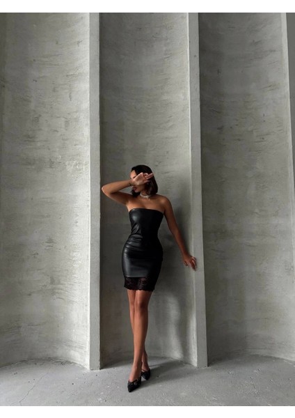 Altı Dantelli Straplez Deri Elbise Siyah W240419 modelleri