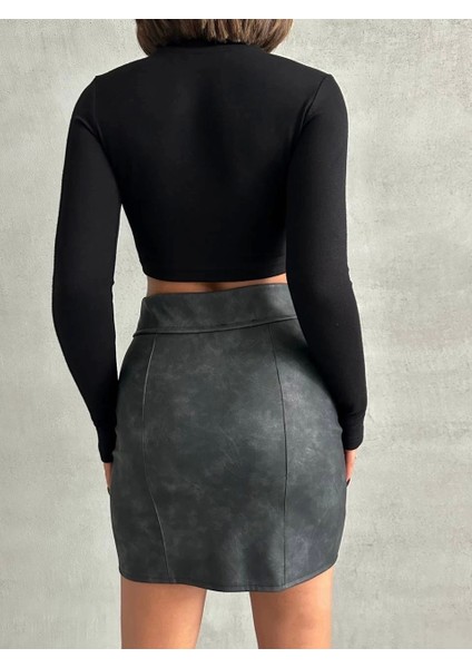 Beli Pervazlı Fermuarlı Eskitme Deri Etek W24431 fırsatları