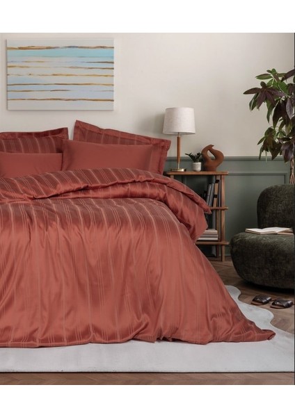 Çift Kişilik Smart Stripe Bambu Saten Nev Takımı Kiremit