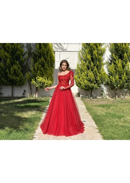 Kırmızı Tek Omuz Uzun Kol Tül Etek Abiye Elbise NOE3000 fiyatları