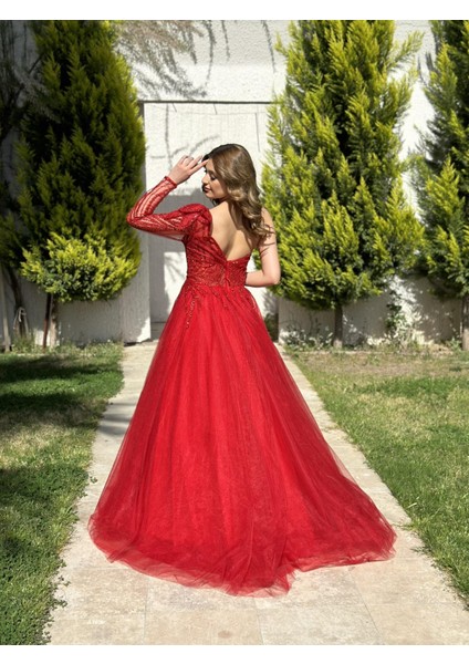 Kırmızı Tek Omuz Uzun Kol Tül Etek Abiye Elbise NOE3000 indirimleri