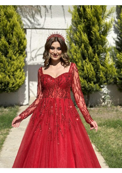 Uzun Kollu Tül Kollu Öpücük Yaka Abiye Elbise NOE1030 modelleri