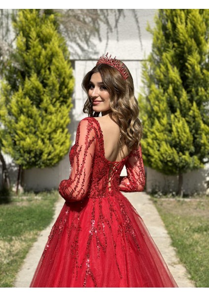 Uzun Kollu Tül Kollu Öpücük Yaka Abiye Elbise NOE1030 fırsatları