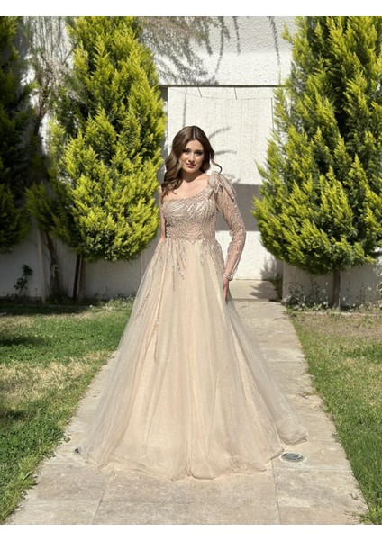 Tek Omuz Uzun Kol Tül Etek Abiye Elbise NOE3000