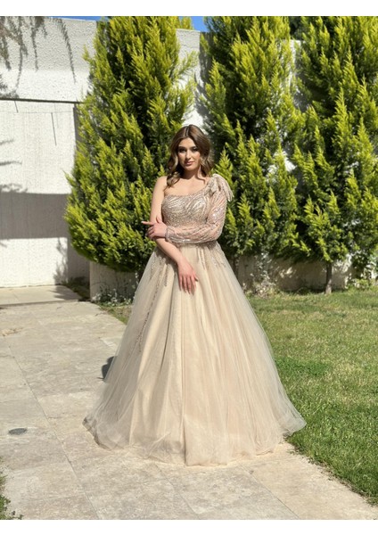 Tek Omuz Uzun Kol Tül Etek Abiye Elbise NOE3000 modelleri