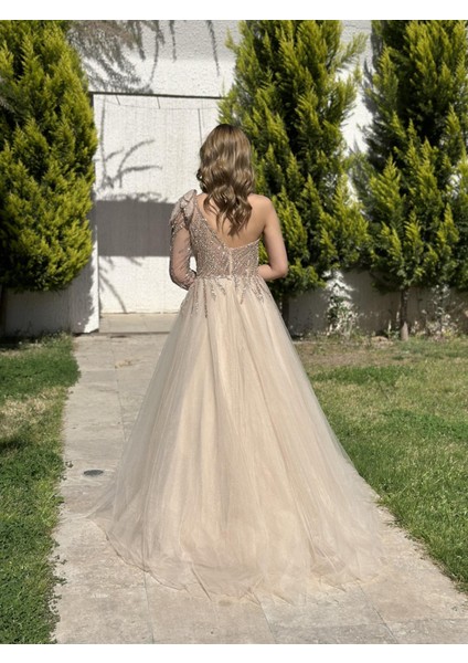 Tek Omuz Uzun Kol Tül Etek Abiye Elbise NOE3000 indirimleri