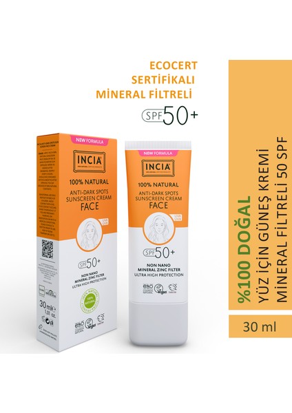 %100 Doğal Yüz Güneş Kremi Leke Karşıtı Aydınlık Görünüm Mineral Filtre Uva1 Uva2 Uvb Spf 50+ 30 ml