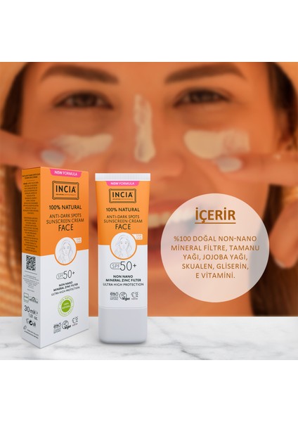 %100 Doğal Yüz Güneş Kremi Leke Karşıtı Aydınlık Görünüm Mineral Filtre Uva1 Uva2 Uvb Spf 50+ 30 ml fırsatları