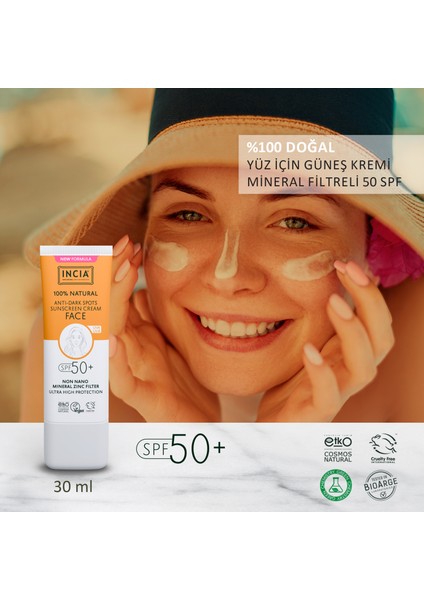 %100 Doğal Yüz Güneş Kremi Leke Karşıtı Aydınlık Görünüm Mineral Filtre Uva1 Uva2 Uvb Spf 50+ 30 ml fiyatları