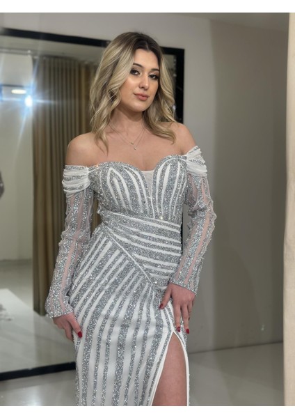 Beyaz Balık Yırtmaç Detaylı Özel Tasarım Taş İşlemeli Abiye Elbise DS658 fiyatları