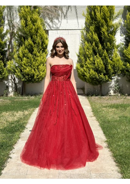 Kırmızı Straplez Tül Etek Uzun Abiye Elbise NOE3068