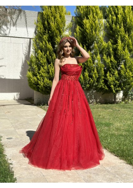 Kırmızı Straplez Tül Etek Uzun Abiye Elbise NOE3068 fiyatları