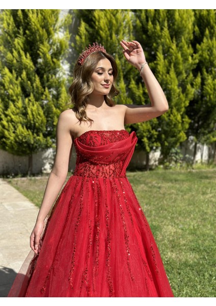 Kırmızı Straplez Tül Etek Uzun Abiye Elbise NOE3068 modelleri