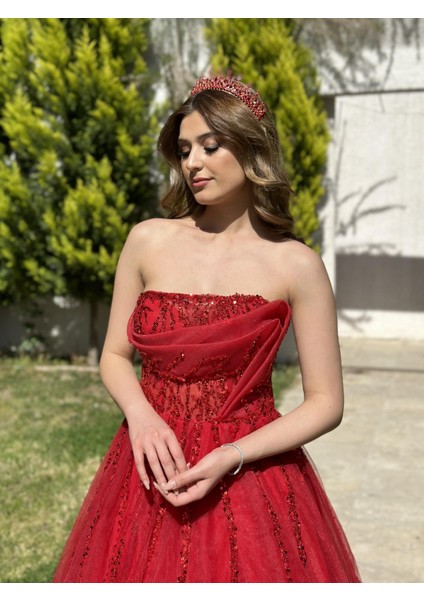 Kırmızı Straplez Tül Etek Uzun Abiye Elbise NOE3068 fırsatları
